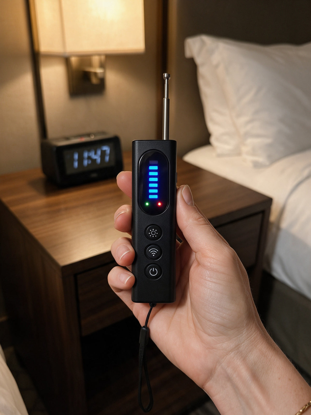 LOKX detector in hand hotel nightstand
